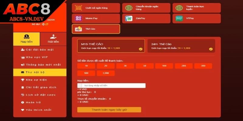 Nạp Rút Tiền ABC8 3 Phương thức giao dịch bằng thẻ cào điện thoại